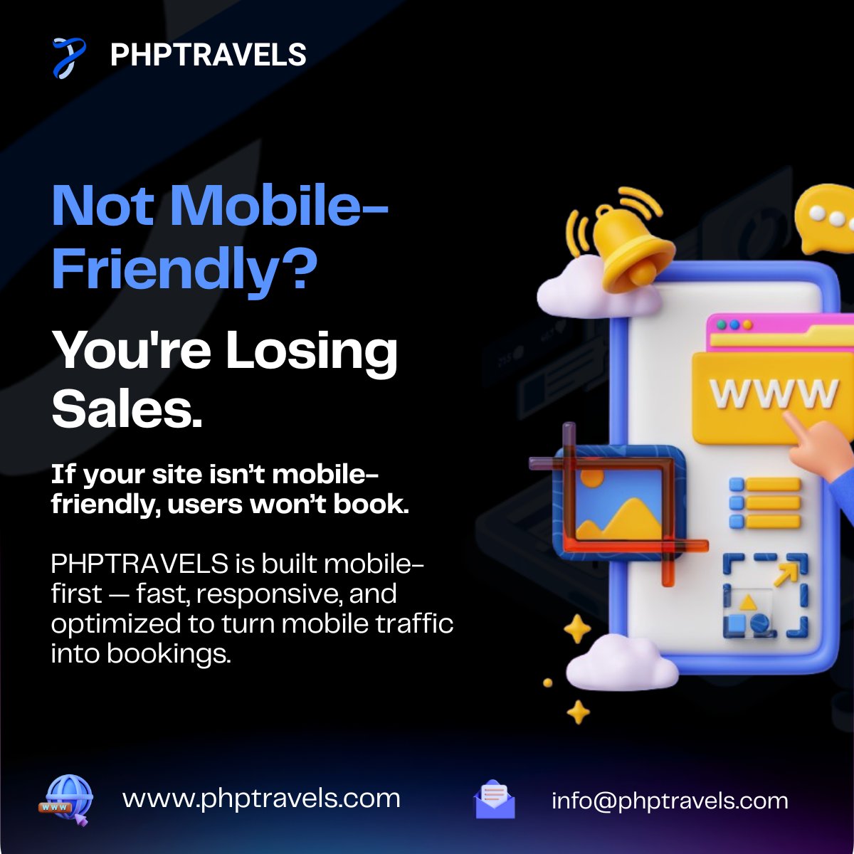 PHPTRAVELS's tweet image. Not Mobile-Friendly? You’re Losing Sales.
Most users book travel on mobile — not desktops.
If your site isn’t optimized for phones, you’re already behind.
PHPTRAVELS is mobile-first — built to convert mobile traffic fast.
#traveltech #mobileoptimization #bookingengine