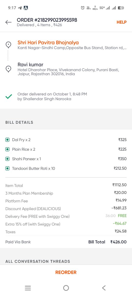 Ravikryadav's tweet photo. @Swiggy this is my order in that the sahi paneer is missing thanks to Swiggy to spoiling my dinner....
And if u hv any responsibility then please reply https://t.co/n1mt6J09CW