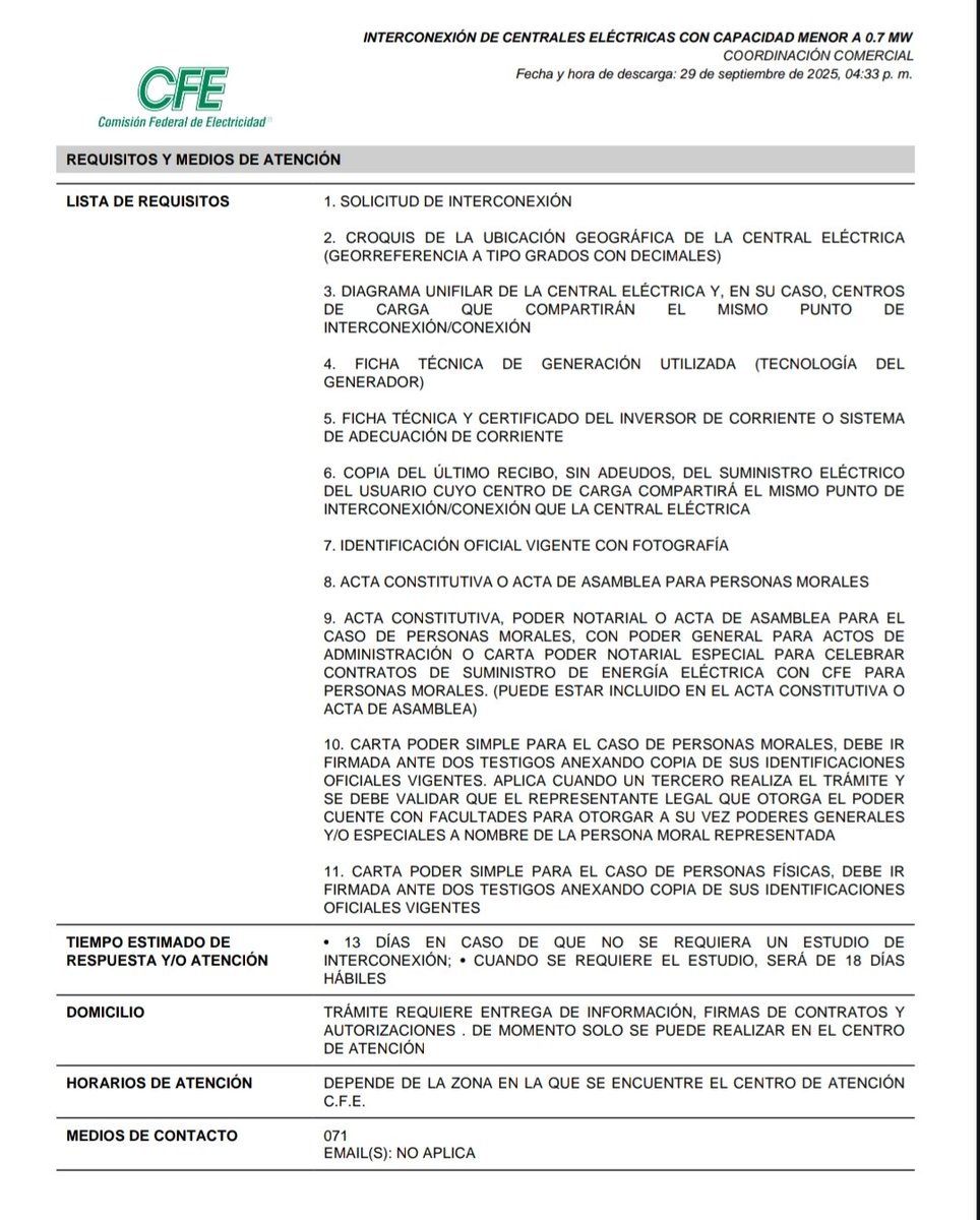 Ya está el documento que indica el procedimiento para la interconexion de centrales eléctricas fotovoltaicas menores a 700kW 👌

Lo mejor de todo es que nos indica que en 13 días hábiles se autoriza 🫢
<a href="/CFE_Contigo/">CFE_Contigo</a> ⭐