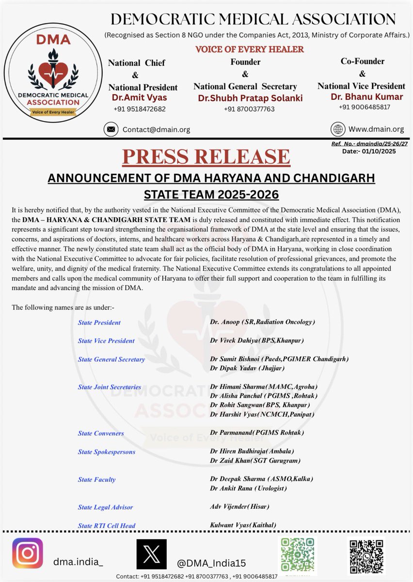 DMA_India15's tweet photo. Democratic Medical Association (@DMA_India15) 🌿
Proud to announce the DMA HARYANA & CHANDIGARH State Team 2025–26 under the guidance of the National Executive Committee.
With transparency & dedication, we’ll uphold doctors’ rights and strengthen our collective voice. ✊👩‍⚕️👨‍⚕️

#MedicoRights #MedicalStudentsMatter  #Shareit #Trending #MedX #MedTwitter #Medico

@amitvyas11123 @NMC_IND @medicopenia_155 @nayabsainibjp @BJP4Haryana @cmohry
@incharyana @deependershooda  @artisinghrao @nmc_ind @DVJChautala @AbhaySChautala @aapharyana @sarkari_doctor  @jantatv_news @narendramodi @pmoindia
@drdhruvchauhan @ShubhSolanki @JPNadda @ravishndtv @namitaSharmaSV @thetribunechd @timesofindia @Shalini_Journo @rohanduaT02 @journoashutosh @journojaykishan @Manish_IndiaTV @Xpress_edex @dainikbhaskar @theLallantop @PTI_News @BBCBreaking @fpjindia @cnnbrk @medicaldialogs @thetribunechd @timesofindia @haryananewspost @ZeeDNHNews @News18Haryana @DDNewsHaryana @HRPBpolitics @HaryanaKesari