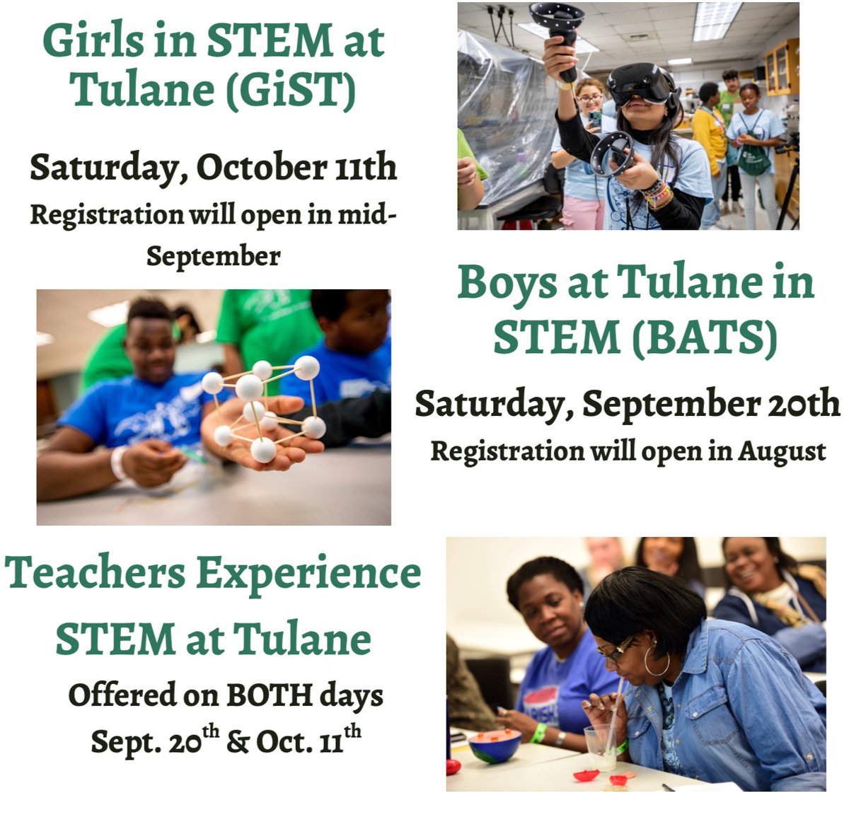 TulaneSSE's tweet photo. SAVE THE DATES for these Fall 2025 K-12 STEM events!

 #STEMEvents #TulaneUniversity #Fall2025 https://t.co/QouJIE70ZZ