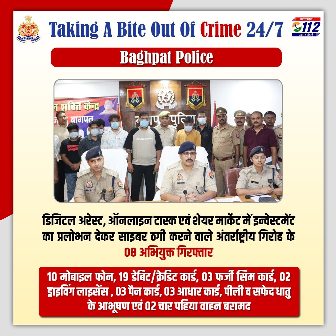 Zero Tolerance Against Fraudsters -  

डिजिटल अरेस्ट, ऑनलाइन टास्क, शेयर मार्केट में इन्वेस्टमेंट आदि के माध्यम से साइबर ठगी करने वाले अंतर्राष्ट्रीय गिरोह के 08 अभियुक्तों को <a href="/baghpatpolice/">Baghpat Police</a> द्वारा गिरफ्तार करते हुए उनके कब्जे से मोबाइल फोन, डेबिट/क्रेडिट कार्ड, फर्जी सिम कार्ड,