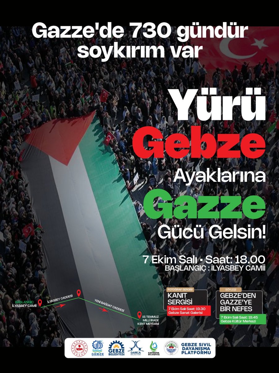 zinnurbuyukgoz's tweet photo. Kıymetli hemşehrilerim, 

Gazze’de çocuklar, kadınlar, masum insanlar tam 730 gündür ağır bir zulmün ve soykırımın altında yaşam mücadelesi veriyor. Her gün yüreklerimizi dağlayan görüntülere şahitlik ediyoruz. İnsanlık ölüyor, biz ölüyoruz... 

Biliyoruz ki derdimiz bir, acımız ortak.
Bugün bizlere düşen görev, kardeşlerimizin sesine ses; nefesine nefes olmaktır. Onların yalnız olmadığını tüm dünyaya bir kez daha hep birlikte haykırmaktır. 

7 Ekim Salı günü saat 18.00’de İlyasbey Camii önünden başlayacak yürüyüşümüzde hep birlikte omuz omuza olacağız.

Yürüyüşümüzün ardından, Gazze Sanat Galerisi’nde “Kanıt Sergisi” ile zulmün belgelerine şahit olacak; Gebze Kültür Merkezi’nde “Gebze’den Gazze’ye Bir Nefes” söyleşisiyle mazlum coğrafyamıza nefes olmaya çalışacağız. 

Gelin, hep birlikte yürüyelim.
Gelin, dualarımızı, sesimizi ve kalbimizi Gazze ile bir edelim.

Unutmayalım: “Bir Müslüman’ın derdi, bütün ümmetin derdidir.” 

🇵🇸Mazlumların yanında, zalimlerin karşısında dimdik durmaya devam edeceğiz.