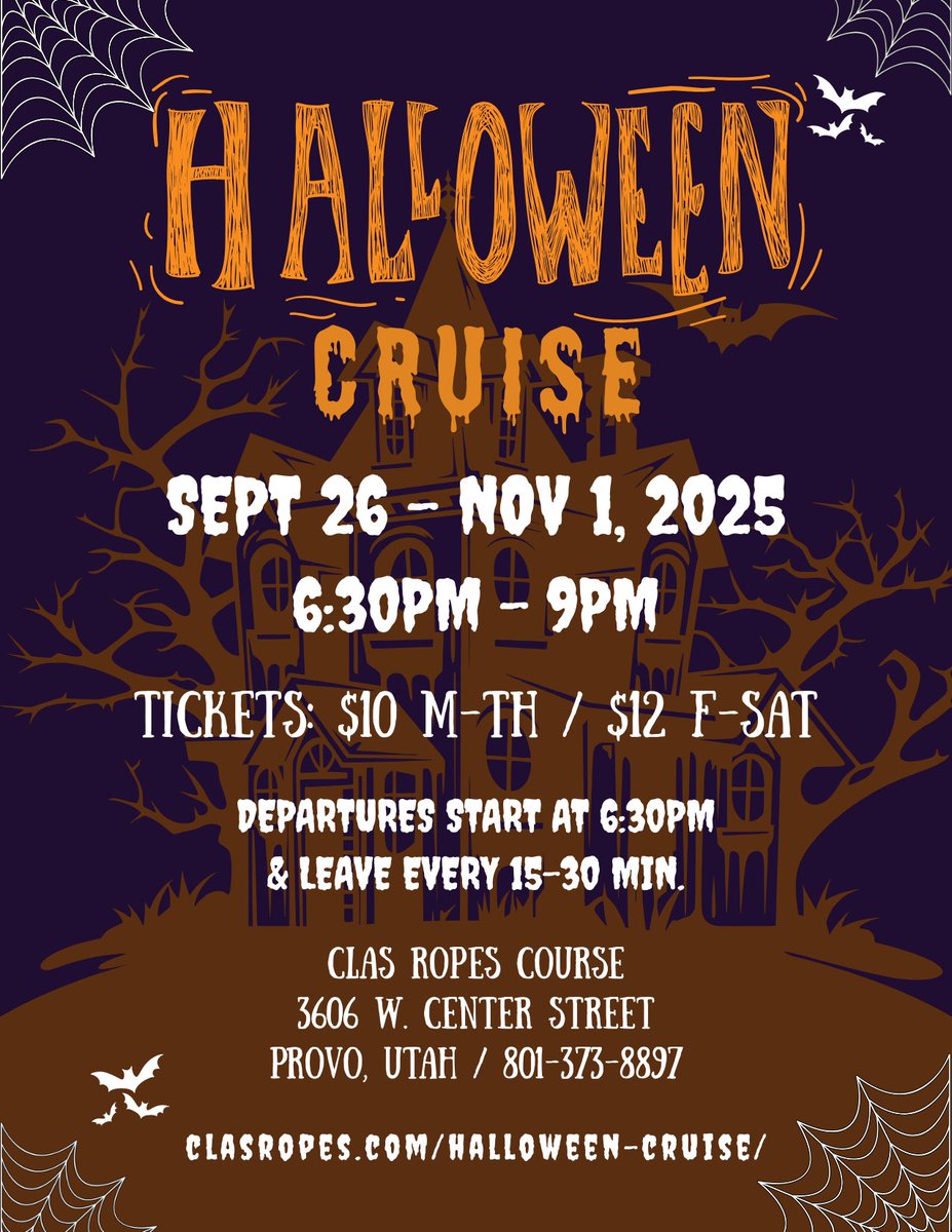 CLASropescourse's tweet image. 🎃 All aboard the Halloween Cruise! 🚤✨
A family-friendly riverboat ride on the Provo River filled with carved pumpkins, pirate fun, and candy for the kids. 🍬👻
🗓 Sept 26 – Nov 1
📍 CLAS Ropes Course, Provo River
🎟 Book  today!

#HalloweenCruise #ProvoEvents #FamilyFun