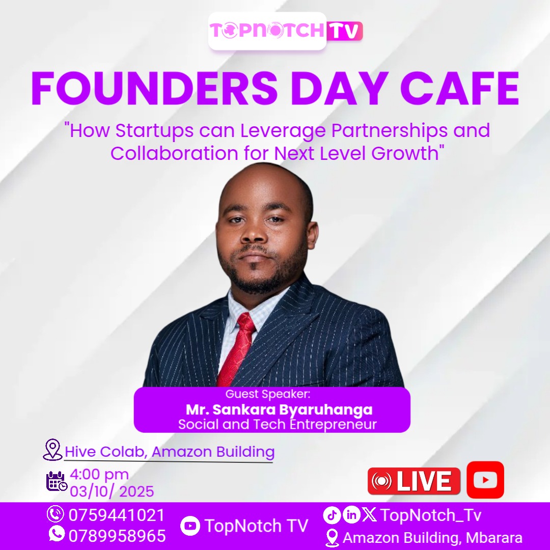 TopNotchMedia_1's tweet image. This Friday, @joshtecs_ &amp;amp; @hivecolab presents Founders Day Café as we discuss how startups can grow through partnerships &amp;amp; collaboration.

Guest: Mr. @SankaraBMagezi
4PM | 03/10/2025
Watch LIVE on YouTube: 
youtube.com/@Topnotch_medi…

#FoundersDayCafe #Startups  #Innovation