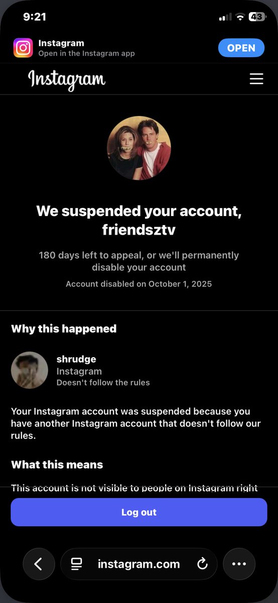 shrudge's tweet photo. My personal Instagram account was suspended without reason, and every other account linked to me—including a fan page with 165k followers—was taken down too. This is unfair.
@Meta @instagram @mosseri 
#instagram https://t.co/jmjAqCAQIr