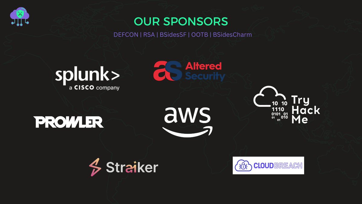 🌐🔒 Cybersecurity Awareness Month is here 🔒🌐

A huge THANK YOU to our amazing sponsors of 2025 who enabled us to bring <a href="/cloudvillage_dc/">Cloud Village</a> across conferences like <a href="/defcon/">DEF CON</a> <a href="/OneRSAC/">RSAC</a> <a href="/BSidesCharm/">BSidesCharm</a> <a href="/BSidesSF/">BSidesSF</a> and <a href="/OOTBconf/">Out Of The Box Security Conference</a> 💜

Your support empowers our talks, workshops, CTFs &amp; labs and