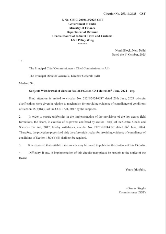 i_rupeshsharma's tweet photo. 📍Important GST Alert: Circular 253/10/2025-GST Scraps Documentation Requirements Under Section 15(3)(b)(ii)

The CBIC has officially withdrawn Circular 212/6/2024-GST (issued on 26 June 2024), which dealt with the documentation and procedure for satisfying Section 15(3)(b)(ii) in cases of post-supply discounts and credit notes.

With Circular 253/10/2025-GST dated 1 October 2025, the earlier compliances prescribed for proving fulfilment of Section 15(3)(b)(ii) are no longer required.

A screenshot of the circular is attached herewith 👇
#GST #Circular #CreditNotes