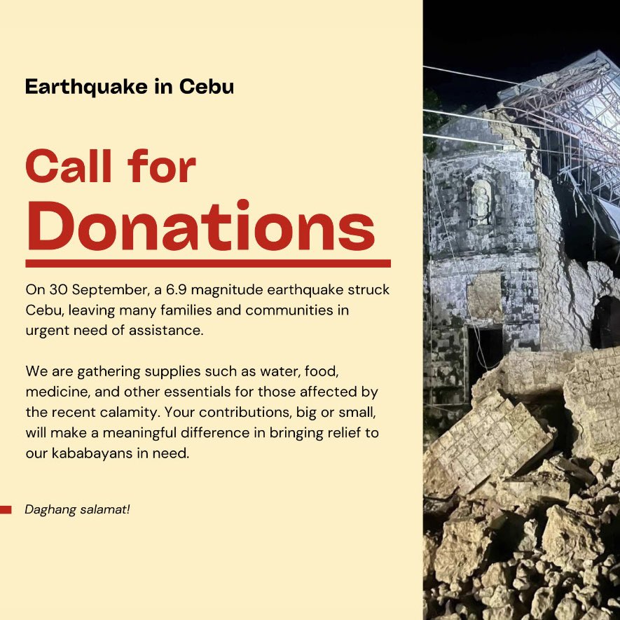 staceytiongco_'s tweet image. CALL FOR DONATIONS FOR CEBU ‼️

On September 30, a 6.9 magnitude earthquake struck Cebu, leaving many families in urgent need of help. Aftershocks are still ongoing and expected to last for days or even weeks, adding to the fear and difficulty our kababayans are facing.