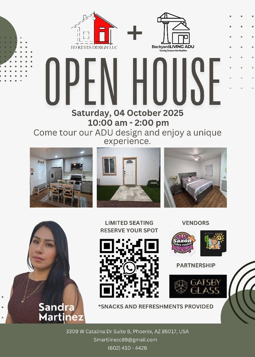 Come join us for the very first Open House for Backyard Living ADU and Ed Reyes 
Design. Join us at our office located at:
.
3309 W Catalina Dr. Suite B, Phoenix, AZ 85017
.
Saturday, October 4th
.
10:00 AM – 2:00 PM