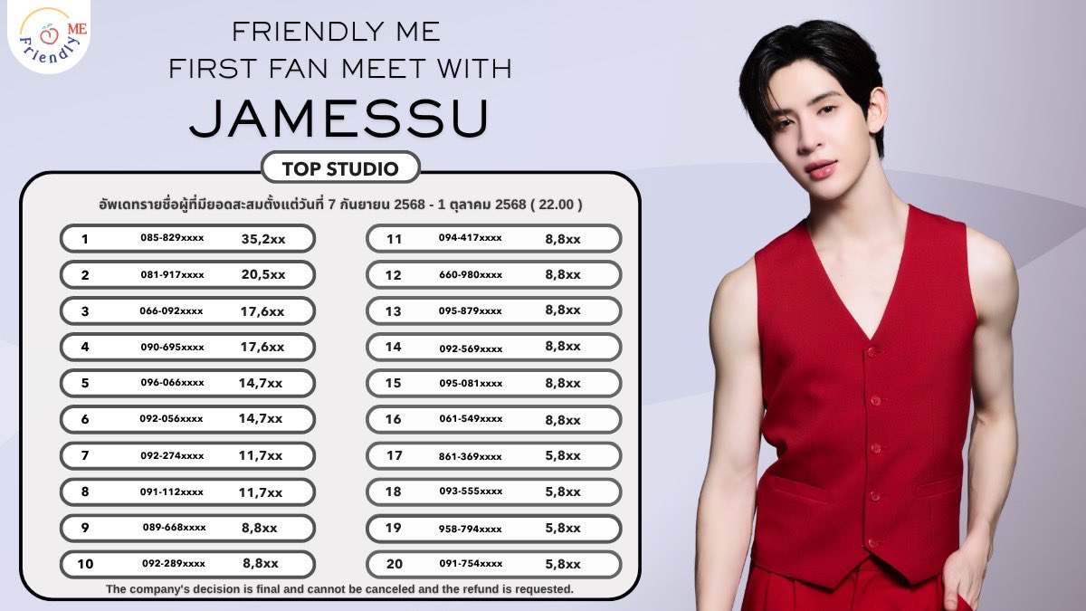อัพเดทยอดสะสมสำหรับงาน
Friendly Me 1st Fan Meet with JamesSu 

ยอดสะสมตั้งแต่วันที่ 07/09/2025 - 01/10/2025 ( 22.00 ) 
ประกาศวันที่ 01/10/2025 ( 23.00 ) 

สามารถสั่งซื้อได้ถึงวันที่ 01/10/2025 น. เวลา 23.30 น. 

ช่องทางการสั่งซื้อ 

Line Official :  @friendlyme 
🛒 Line shopping