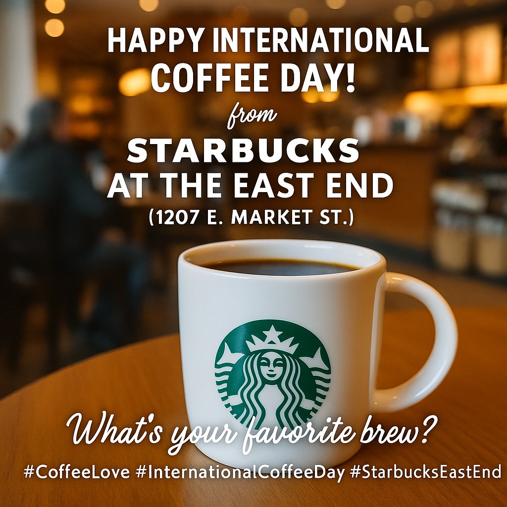 EastEndAkron's tweet photo. Happy International Coffee Day! Celebrate with us at Starbucks East End (1207 E. Market St.) and enjoy your favorite brew. 

#InternationalCoffeeDay #CoffeeAtEastEnd https://t.co/N0UErD6Xy7