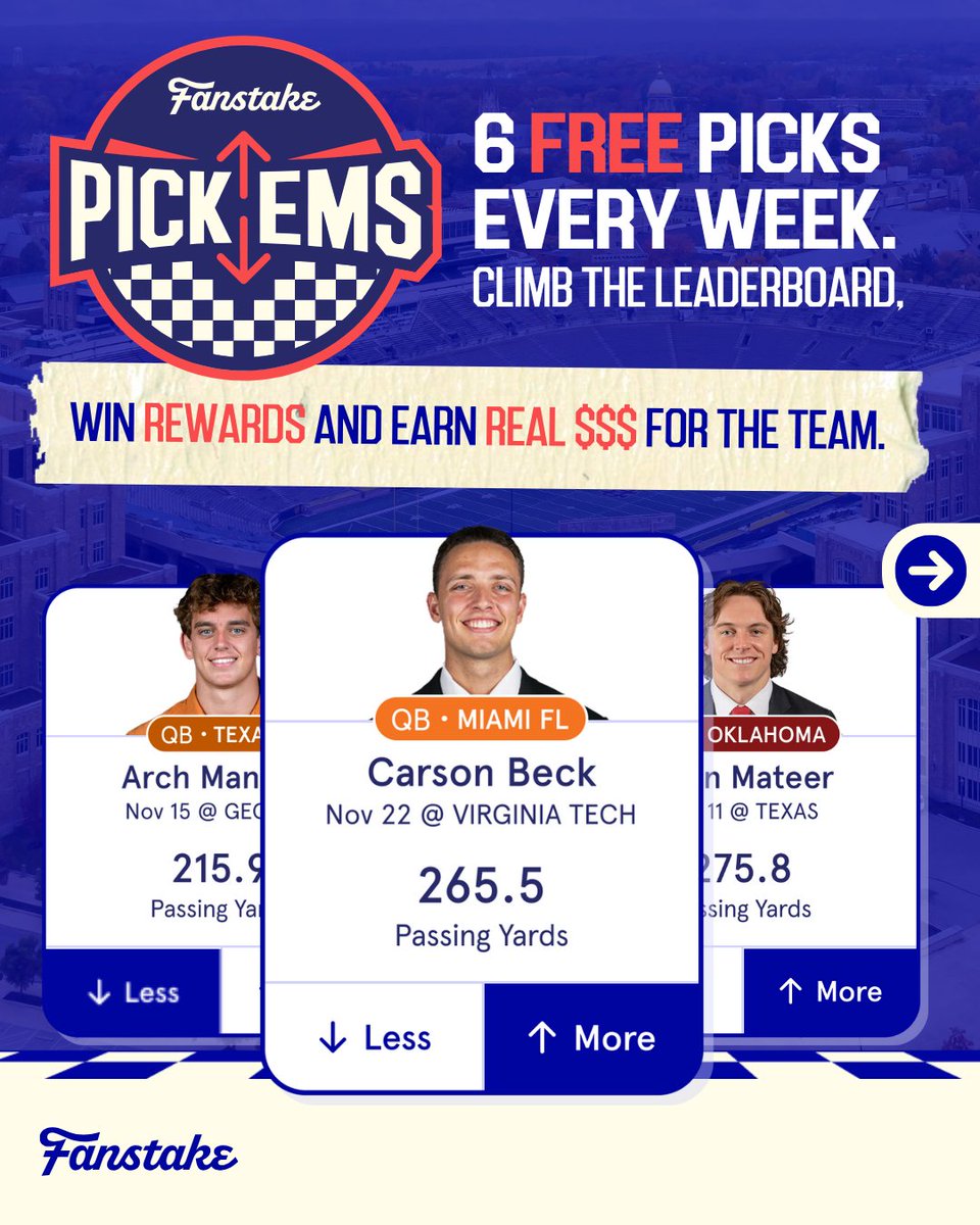 FanstakeHQ's tweet image. Think you know ball?

Time to prove it, with #FanstakePickems 🙌

→ Make FREE picks 
→ Compete against rival fanbases 
→ Earn real $$$ for the team

Every pick matters, and every dollar helps your team land the next 5-star recruit 😤