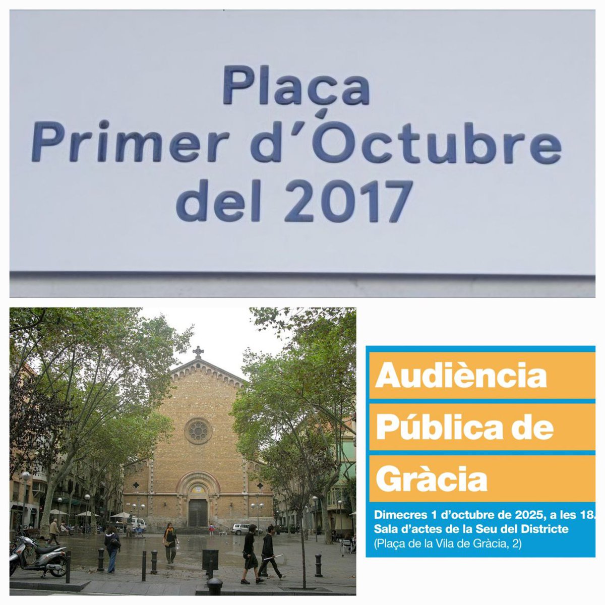 📣 Volem la PLAÇA PRIMER D'OCTUBRE a Gràcia❗️

👉🏼 L'ANC de Gràcia solicitarem el canvi de nom de la Plaça de la Virreina
📍a l'Audiència Pública del Districte de Gràcia
🕕 d'avui, 1 d'octubre a les 18h
🏫 a Sala d'Actes de la Seu del Districte
👍🏼 L'1-O, un dia per recordar sempre