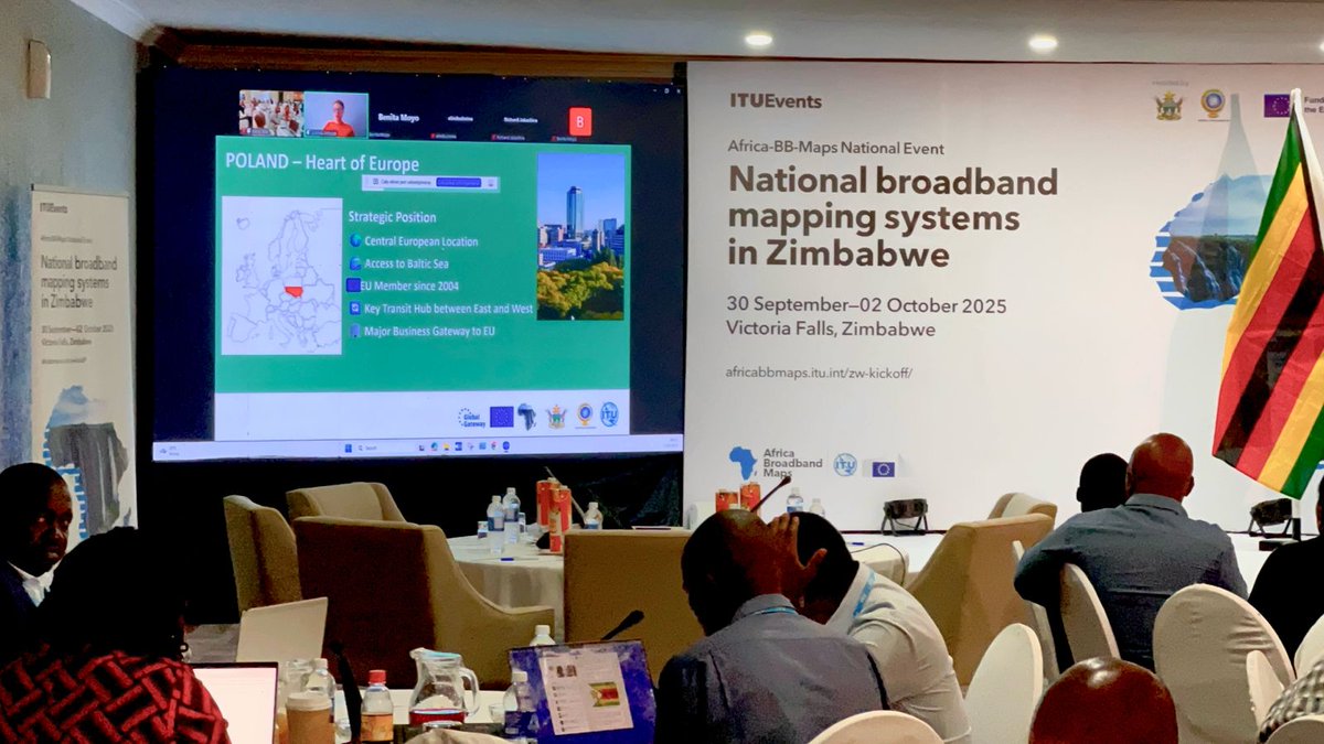 ITUEurope's tweet photo. The 7th #AfricaBBMaps national event is underway this week in 🇿🇼 Zimbabwe!
@ITUEurope is pleased with the support of @UEinZW and the intervention of experts 🇵🇱 sharing Poland’s and the EU’s broadband mapping experience, reinforcing 🇪🇺🤝🌍 collaboration on #BBMaps. https://t.co/z1ptVk5SSG