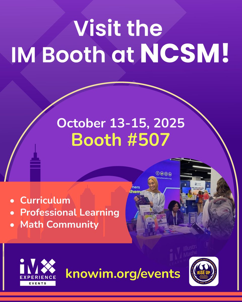 IllustrateMath's tweet image. At IM, we believe every student can be a math thinker. 💭
Come see us at #NCSM2025! Visit the Illustrative Mathematics booth to explore our curriculum, discover IM Certified® Professional Learning, connect with math leaders, and score exclusive IM merch!
#LearnWithIM #NCSMBold