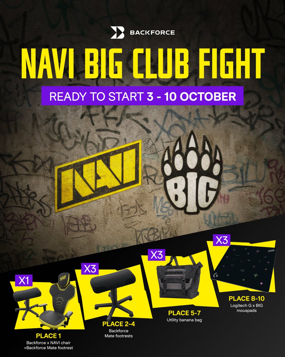 natusvincere's tweet image. NAVI @BIGCLANgg Fight is locked in. Queue 5-stack matches, earn points, climb the board. More games and more wins = more points.
Start: Oct 3, 5:00 PM CET
Create your squad or join an existing one and start farming points. Full details on the leaderboard.