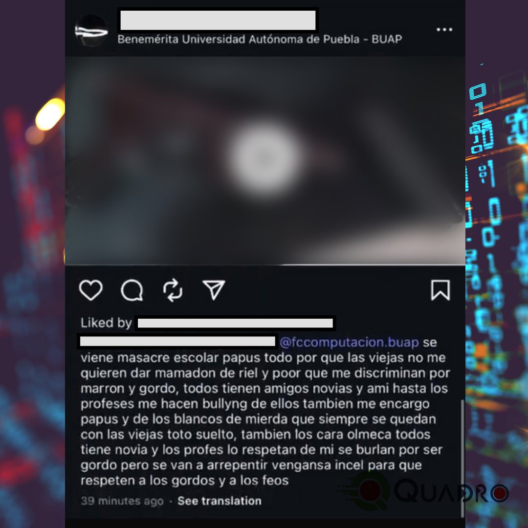 🚨 Estudiantes de la BUAP en alerta:
Una amenaza difundida en Instagram generó ausentismo y temor en la Facultad de Computación. Padres y alumnos exigen seguridad inmediata.

👉 Lee más en #Quadro24

quadro24.mx/amenaza-en-red…

#Puebla #BUAP #Seguridad