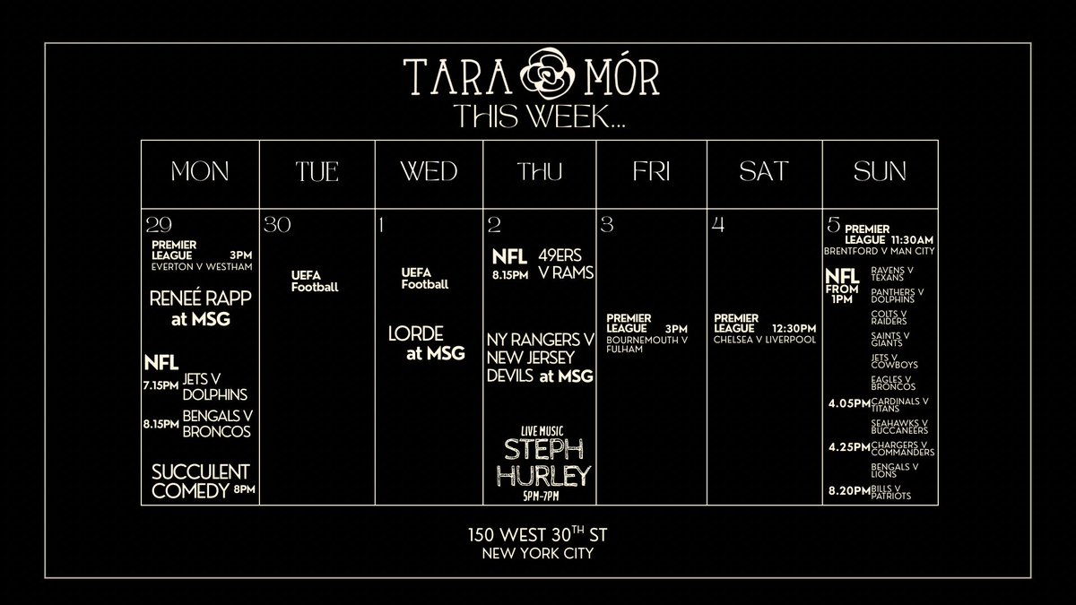 October is HERE, and the party is at Tara Mor! 🍻

We're steps from MSG with the best pints of Guinness in NYC and those viral Spicebags 🌶️. Skip the boring bar scene—we've got live music and savage cocktails all month long.

Your NYC night out starts here.