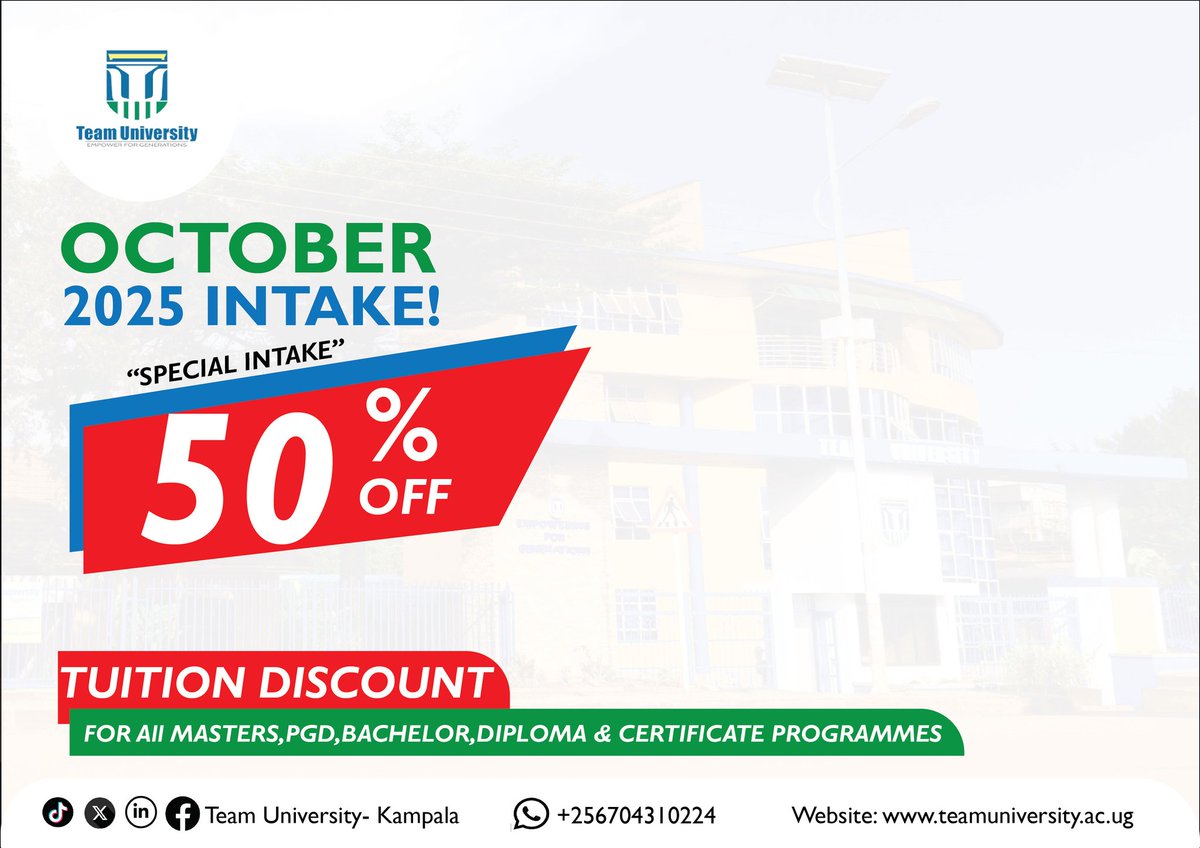 ajunasimonUg's tweet photo. 🎓 October Intake is here!
Join our Undergraduate &amp; Postgraduate programs at discounted rates.

✅ Weekend | Day | Evening | E-Learning
Let Flexibility meet Excellence.

📌 Limited slots → Apply now! Via https://t.co/7tTQtOwdc9  
#OctoberIntake #StudyFlexibly @TeamUniversityU https://t.co/lbwOiDTJud