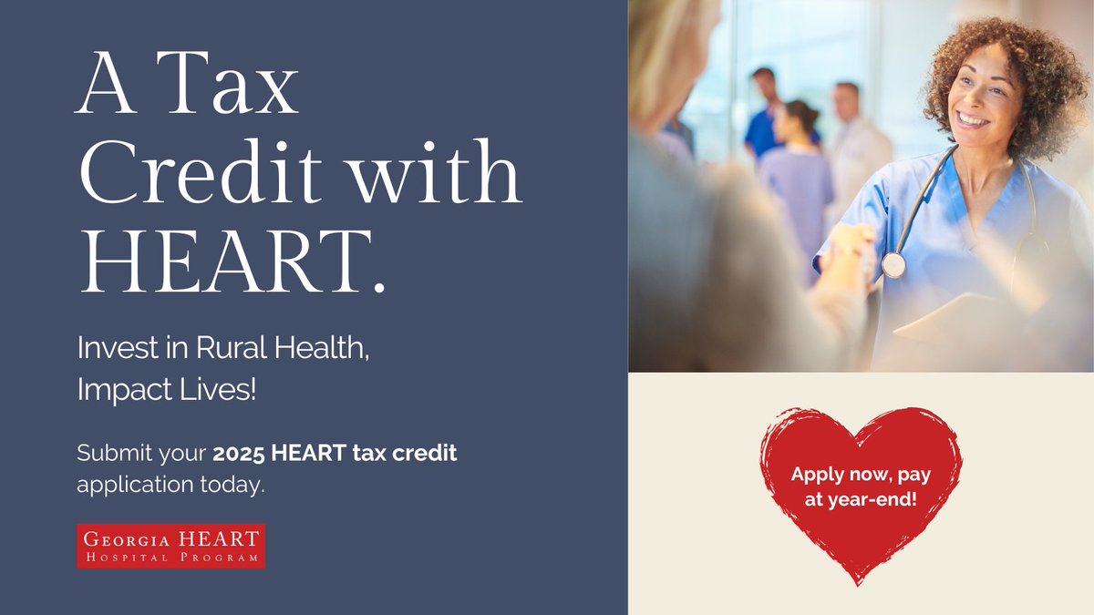 🏥💖 Strengthen rural hospitals, keep care close to home, and change lives — all with a dollar-for-dollar tax credit.
✨ Apply today to secure your 2025 credit at georgiaheart.org!

#GeorgiaHEART #RuralHealthcare #TaxCredit #SupportLocalHospitals #MakeADifference