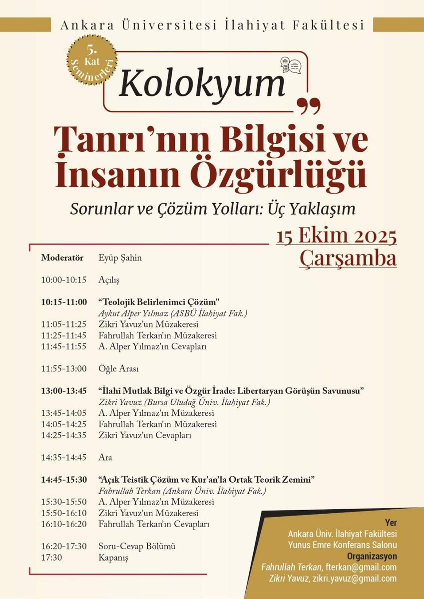 15 Ekimde Ankara İlahiyat'ta olacağız. İlgilenen arkadaşları bekleriz