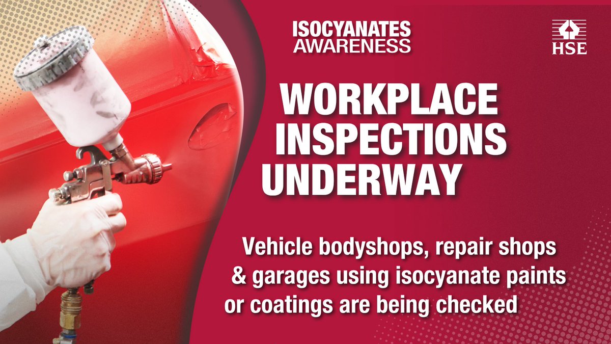 H_S_E's tweet image. 🔍 HSE is inspecting vehicle repair shops using isocyanate-containing two-pack (2k) paints, and coatings

Isocyanates can cause occupational asthma - once developed, it can force workers to leave the industry. 

More: workright.campaign.gov.uk/isocyanates/?u…

#HSEInspections #COSHH #Isocyanates