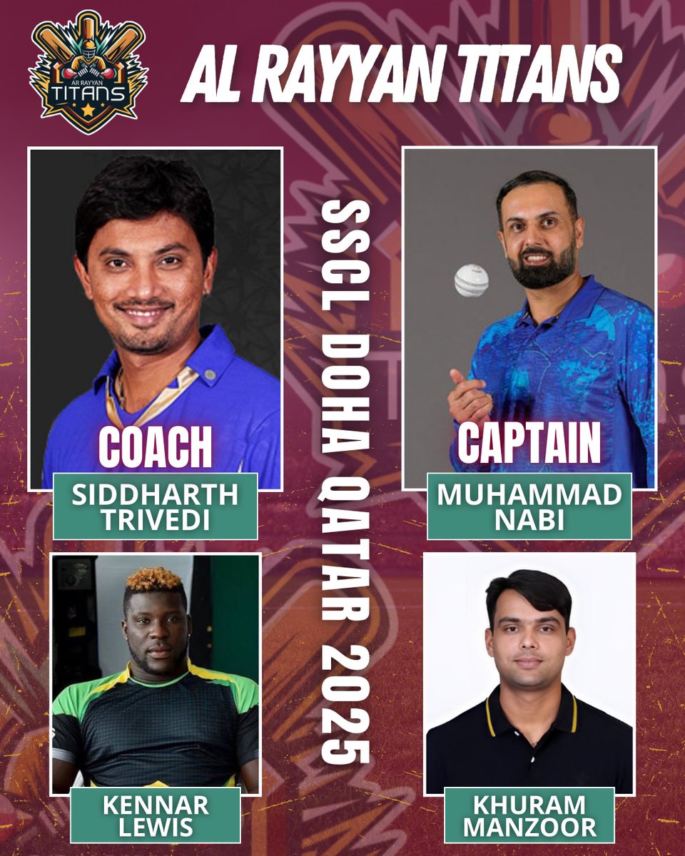 ssclglobal's tweet photo. Meet the Al Rayyan Titans – SSCL Doha 2025!

Led by Muhammad Nabi with coach Siddharth Trivedi, stars like Kennar Lewis &amp; Khuram Manzoor are set to light up Doha. 

Nov 5–16, 2025

#SSCL #AlRayyanTitans #Cricket https://t.co/o7qJKgZigT