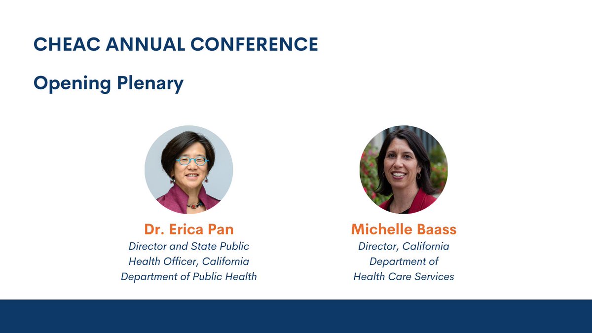 CHEAC's tweet photo. We’re excited to welcome our #CHEAC25 Opening Plenary speakers, Director &amp; State Health Officer Dr. Erica Pan (@CAPublicHealth) &amp; Director Michelle Baass (@DHCS_CA) who will lead a discussion on CA’s priorities &amp; provide insights into responding to fed funding &amp; policy shifts. https://t.co/5WzOq9Hsii