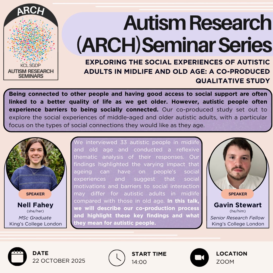 Re:Spect Lab (@respectlabkcl) on Twitter photo 📣The ARCH seminar is back! 
Join us on October 22nd to hear from Nell Fahey (with introduction from Dr Gavin Stewart) about their work on the social experiences of middle-aged and older autistic adults.
More info on our mailout - sign up and get tickets @ eventbrite.co.uk/e/arch-seminar… 📣The ARCH seminar is back! 
Join us on October 22nd to hear from Nell Fahey (with introduction from Dr Gavin Stewart) about their work on the social experiences of middle-aged and older autistic adults.
More info on our mailout - sign up and get tickets @ eventbrite.co.uk/e/arch-seminar…