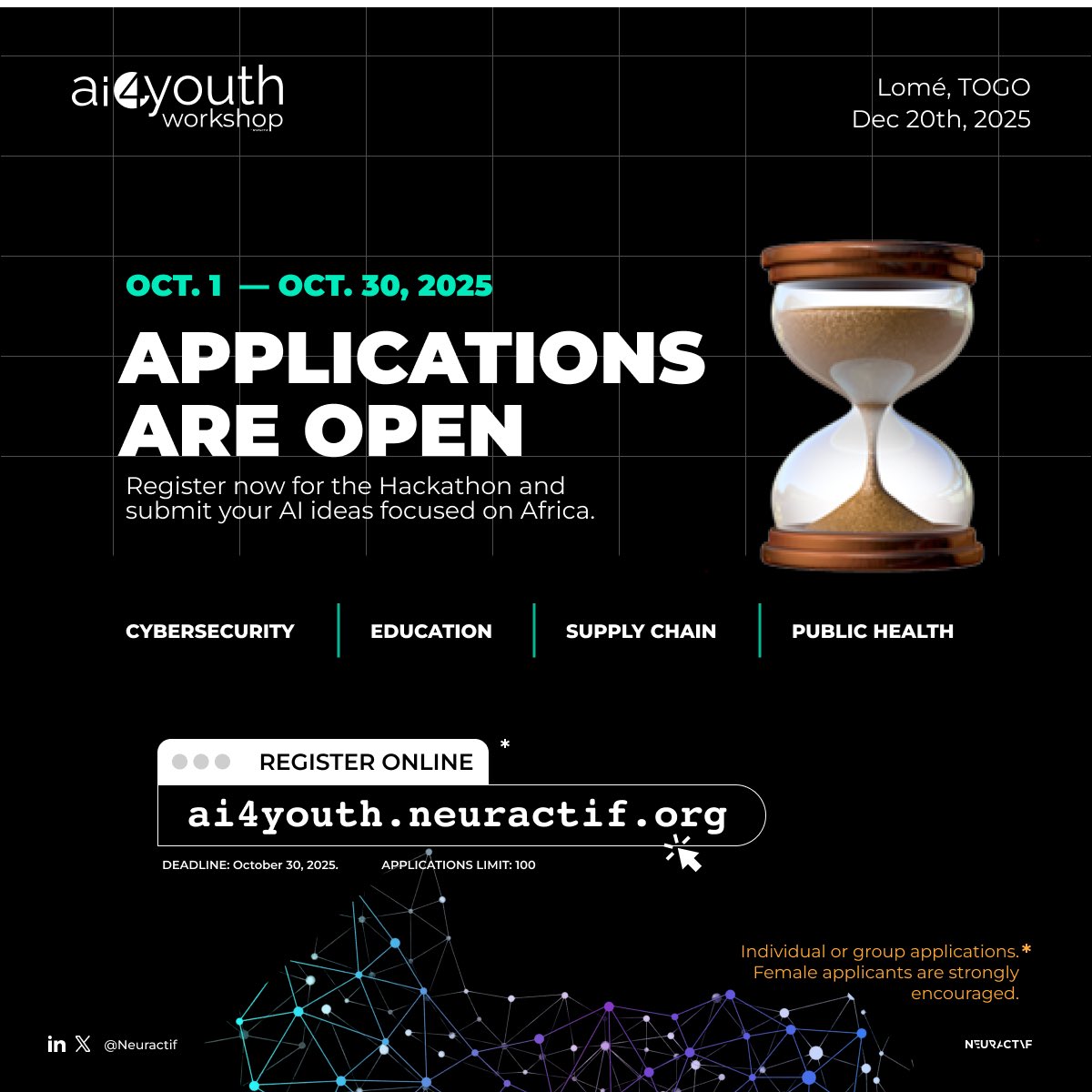 LES CANDIDATURES SONT OUVERTES !

Hackathon #AI4Youth 2025 : transformez vos idées #IA en solutions concrètes pour l'Afrique.
💰 Jusqu'à $1000 + stages remote USA + bourses d’études 

PARTAGEZ VOTRE VISION. EXPLIQUEZ VOTRE PROJET. REJOIGNEZ LE MOUVEMENT.
#AI4Youth #Hackathon