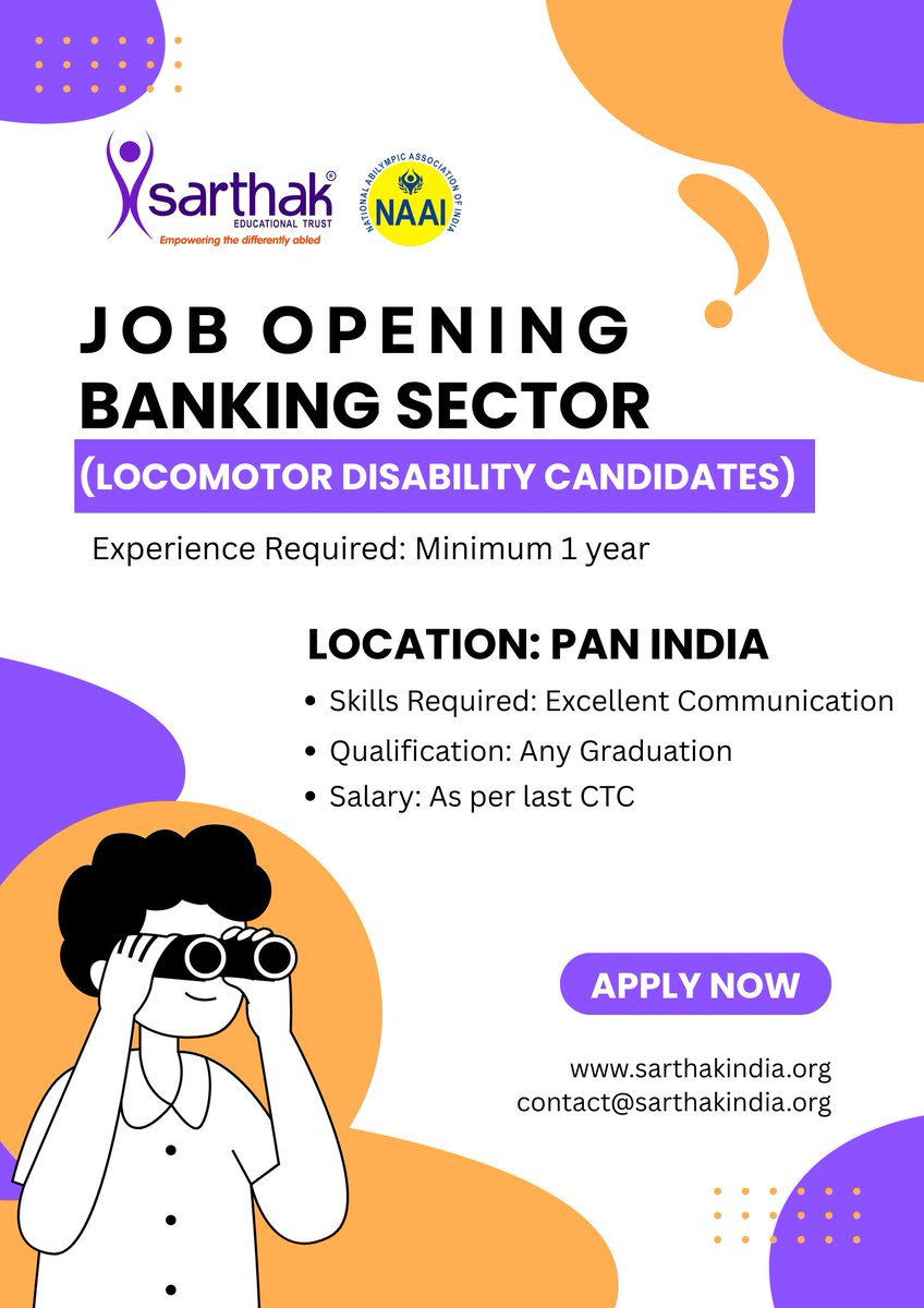 SarthakEducati2's tweet photo. Job Opening – Banking Sector (Locomotor Disability Candidates)

Experience Required: Minimum 1 year
Skills Required: Excellent Communication
Qualification: Any Graduation
Location: Pan India
Apply here: 🔗 https://t.co/6p5imnIqSv
#BankingJobs #LocomotorDisability https://t.co/x8703OLvkt