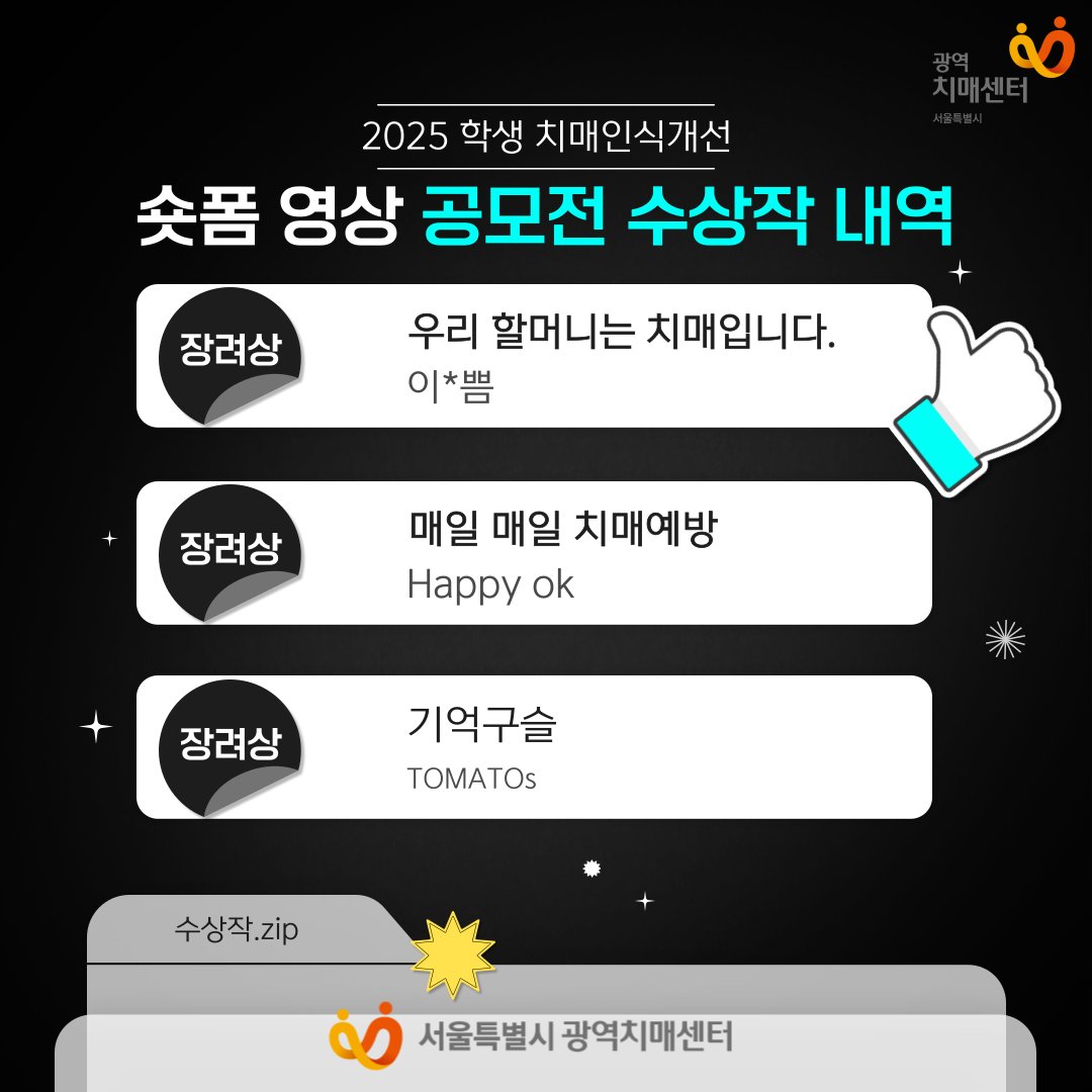 📢 2025 학생 치매인식개선 숏폼영상 공모전 최종 결과 발표‼️

서울특별시광역치매센터에서 주관한 「2025 학생 치매인식개선 숏폼영상 공모전」에 관심을 가지고 참여해주신 모든 분들께 깊이 감사드립니다.🙏🏻