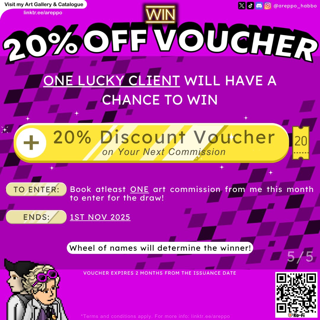 1 art commission you book = 1 entry. The more you book, the higher your chances of winning.

⚠️ NOTE: If the art giveaway winner pays for a coloring service on their free black-and-white artwork, they will also qualify for the draw.