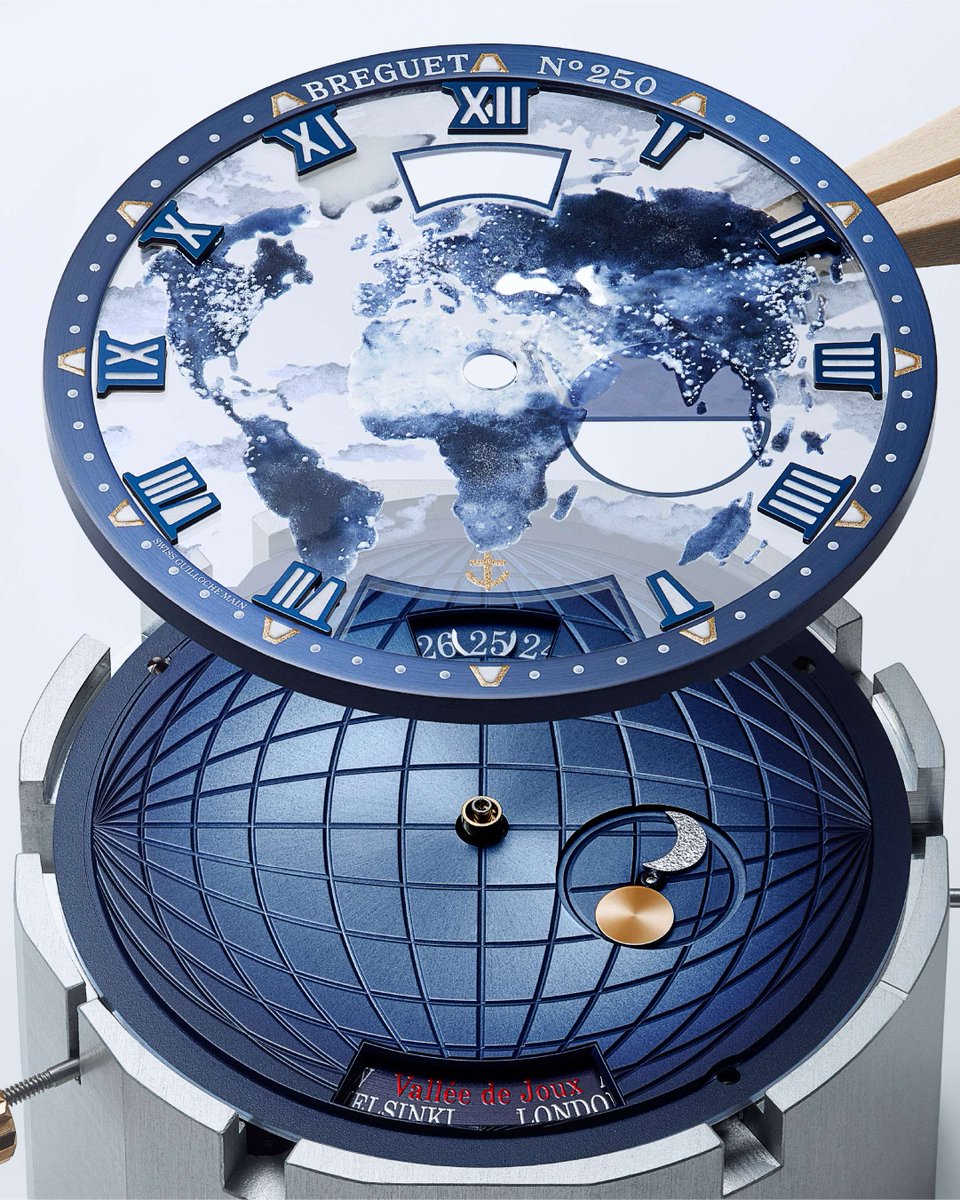 MontresBreguet's tweet photo. The Marine Hora Mundi 5555 unites guilloché gold and sapphire to reveal a nocturnal Earth inspired by NASA’s “Black Marble.”
Limited to 50 pieces in Breguet gold, each watch features a patented luminous dial and personalized 24 time zones.
#Breguet #HoraMundi5555 #CraftingEmotion https://t.co/5C8o3JJcBI