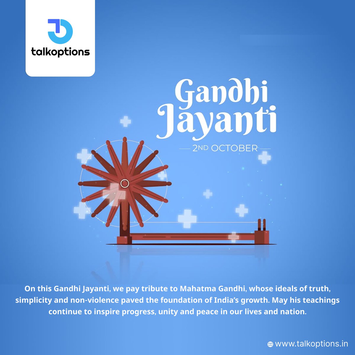 talk_options's tweet image. On this Gandhi Jayanti, we honor the life and legacy of Mahatma Gandhi, whose principles of truth, peace and non-violence continue to inspire generations. Wishing everyone a thoughtful and meaningful Gandhi Jayanti.
.
.
#GandhiJayanti #LegacyOfPeace #Talkoptions