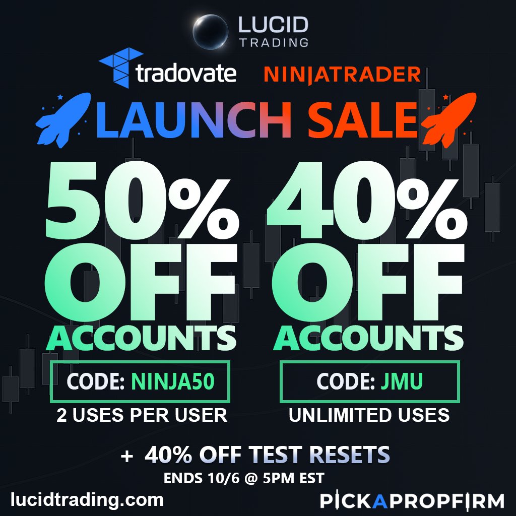 jmutrades's tweet image. ⏰NOW LIVE @ LUCID!
TRADOVATE &amp;amp; NINJATRADER LAUNCH SALE!
50% OFF all accounts
👉prop.deal/lucid
⚡50% OFF | Code: NINJA50 (2 uses) then...
⚡40% OFF | Code: JMU (Multi use)
➕ 40% OFF RESETS! No code needed.
This offer is for ALL PLATFORMS. ALL ACCOUNTS.
@NinjaTraderProp…