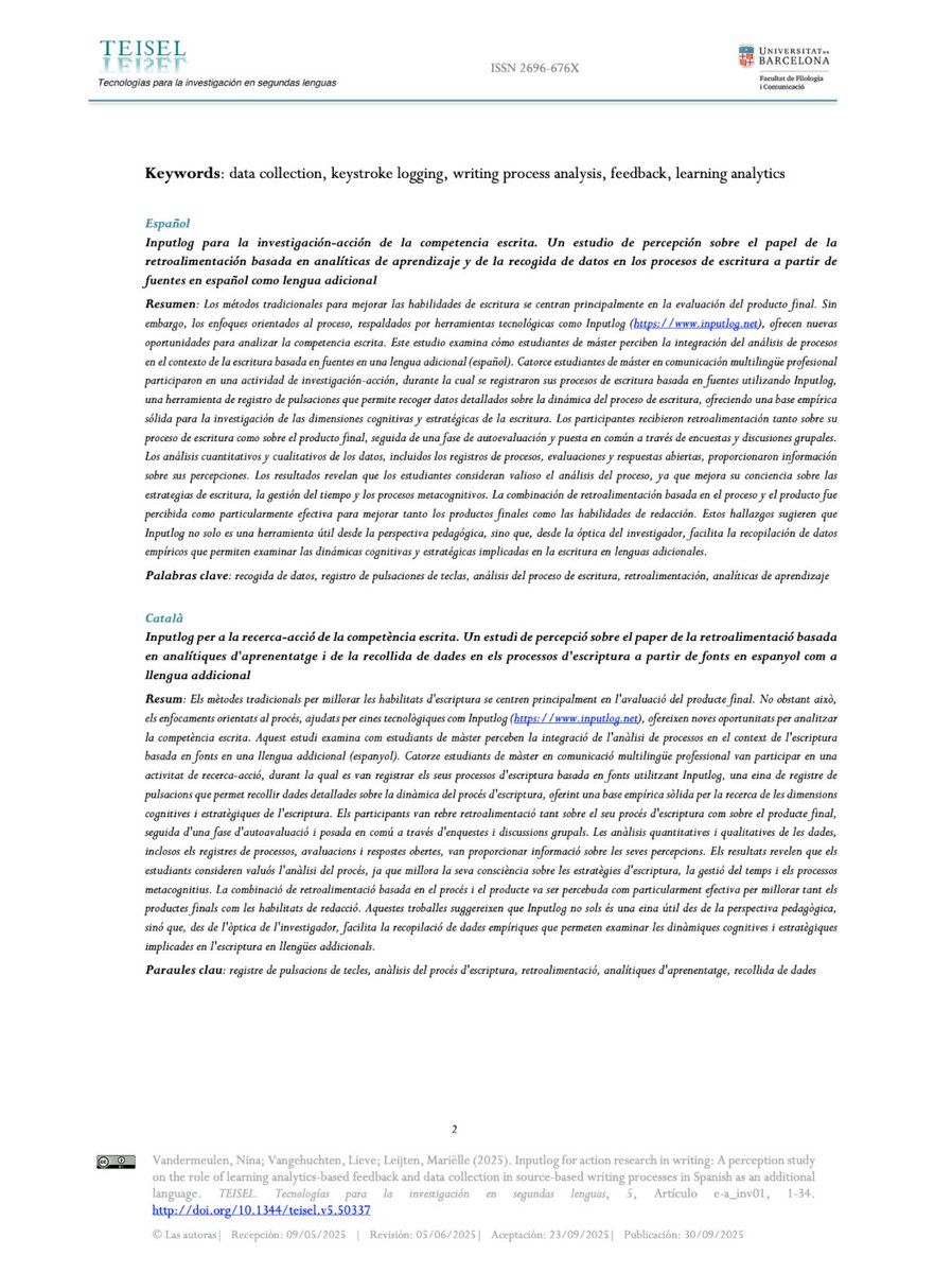 📢 Nueva publicación en TEISEL: “Inputlog para la investigación-acción de la competencia escrita: Un estudio de percepción sobre el papel de la retroalimentación basada en analíticas de aprendizaje y de la recogida de datos en los procesos de escritura”.
➡️revistes.ub.edu/index.php/teis…