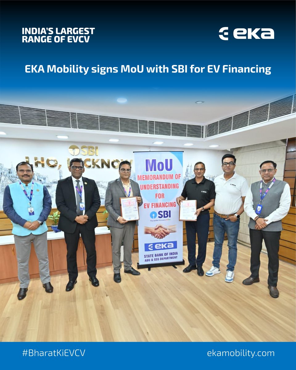 EKA Mobility Signs MoU with SBI for EV Financing.

The partnership will help fleet operators, transporters, dealers, small businesses, &amp; communities transition to sustainable mobility with  accessible, &amp; cost-effective financing for our full range of commercial electric vehicles.