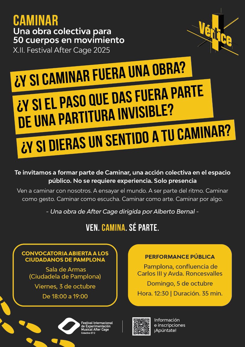 after_cage's tweet photo. ¡Necesitamos 50 voluntarios/as! After Cage presenta Caminar, obra colectiva de 50 cuerpos en movimiento. 
📅 Ensayo:  3 oct | 18-19:00
📍 Sala de Armas, Ciudadela
🎭 Performance: 5 oct | 12:30
📍 Confluencia Carlos III &amp; Avd. Roncesvalles💫
Inscripción 👉https://t.co/XW3b4d9jO7 https://t.co/GXhKxWSdD3