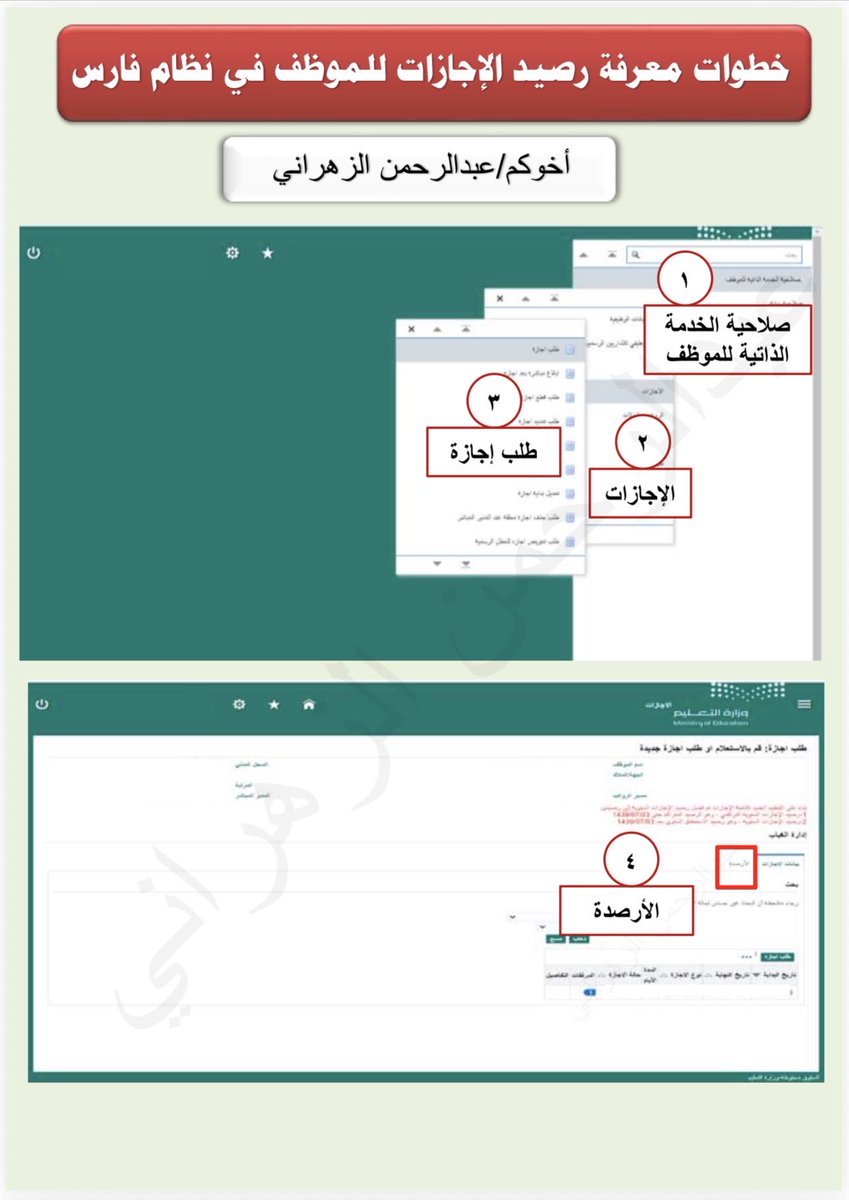 Jenaan26's tweet photo. 📍 خطوات معرفة رصيد الإجازات للموظف عن طريق نظام فارس ...

#نظام_فارس https://t.co/xIxYzcAJOy