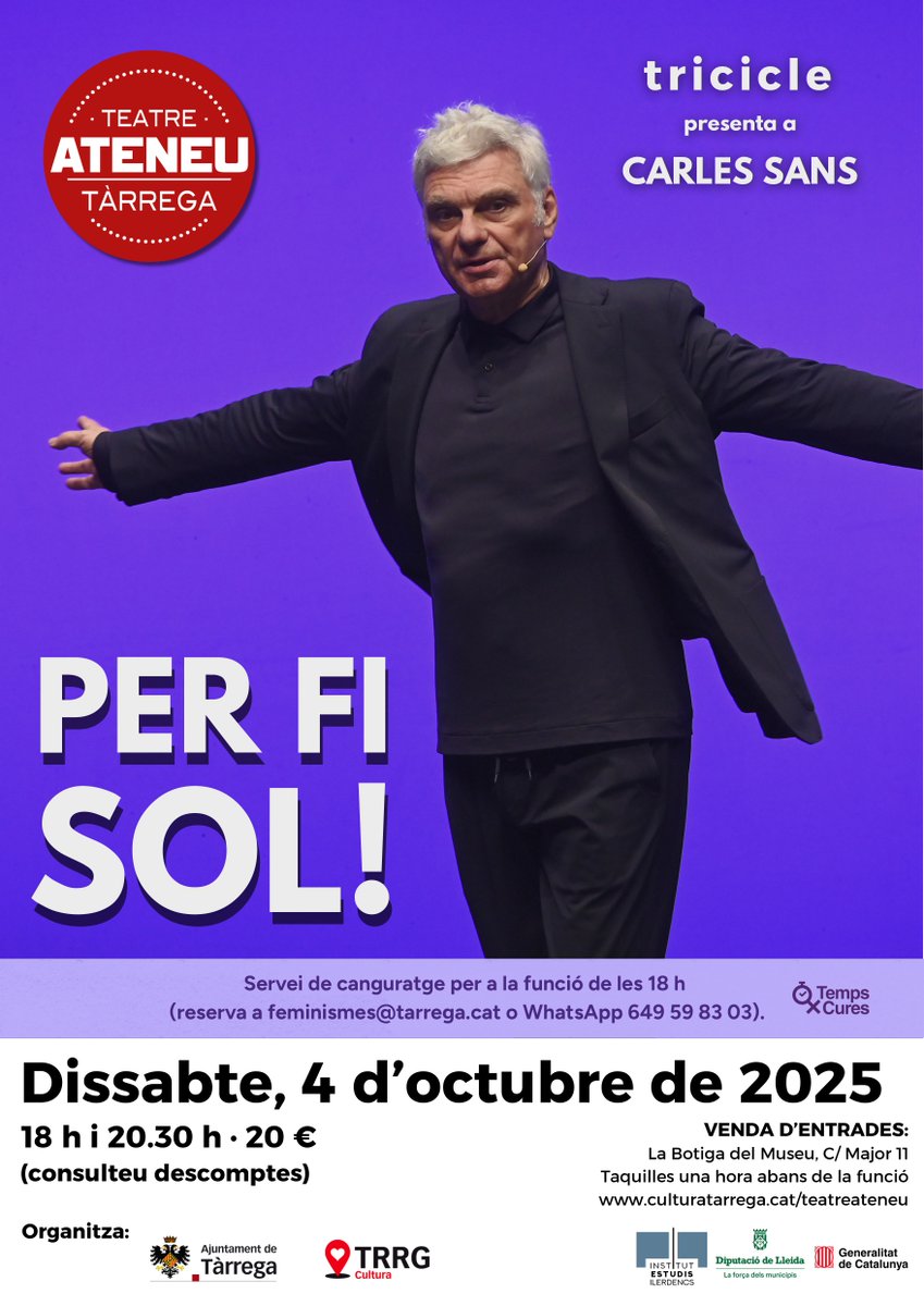 🎭 #Tàrrega alça el teló de la 31a Temporada d’Arts en Viu el dissabte 4 d’octubre amb Carles Sans de Tricicle

➡️ Dues funcions a les 18h i 20.30h al Teatre Ateneu

🤝 A les 18h, servei gratuït de ‘canguratge’ per facilitar la conciliació de famílies

🔗 culturatarrega.cat