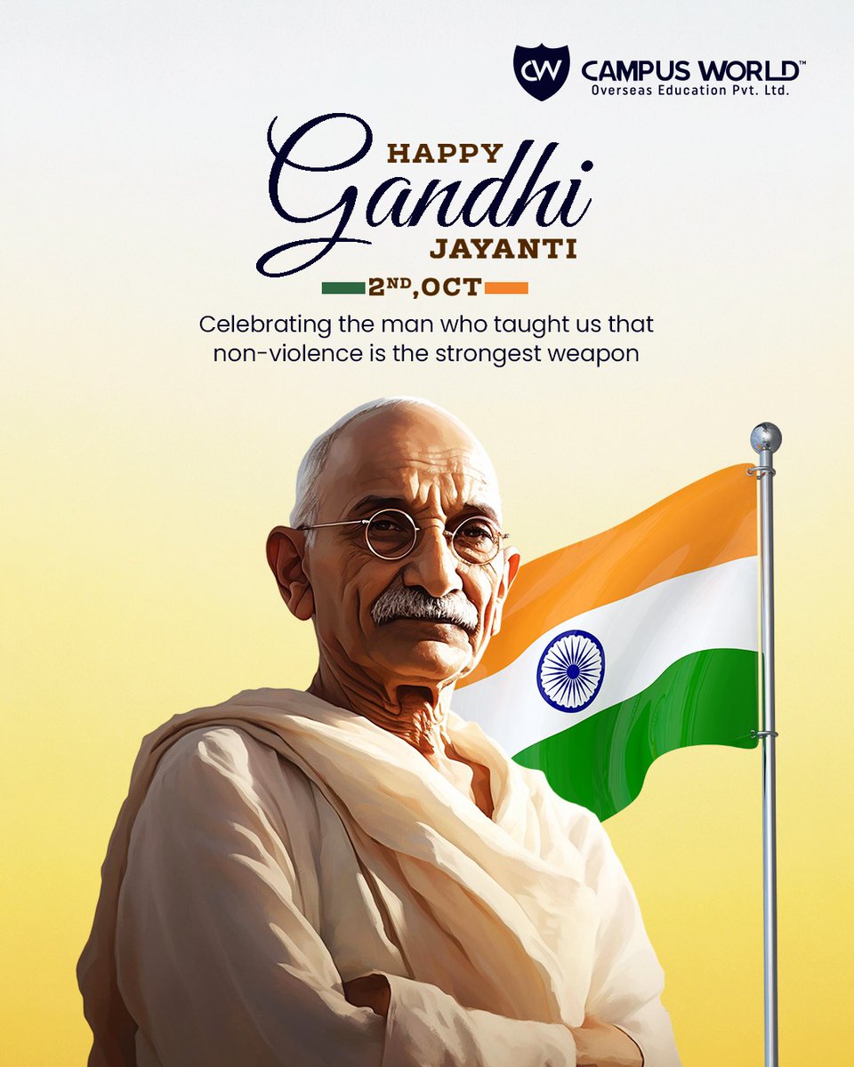 CampusWorld2's tweet photo. Honoring the legacy of Mahatma Gandhi, the pioneer of peace and truth. 🌿✨

May his values of non-violence, unity, and courage continue to inspire generations towards a brighter future. 
#GandhiJayanti #PeaceAndTruth #Inspiration #CampusWorld #LegacyOfMahatma https://t.co/tAOUOjlBMf