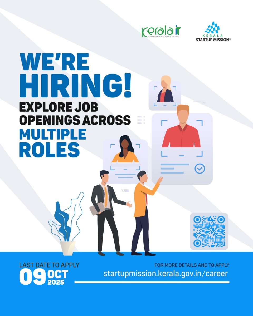 startup_mission's tweet image. Kerala Startup Mission is looking for passionate and talented professionals to join our dynamic team. Explore exciting job opportunities across multiple roles. 

📅 Last Date to Apply: 9th October 2025
🔗 Apply Now: startupmission.kerala.gov.in/career

 #KeralaStartupMission #KeralaIT