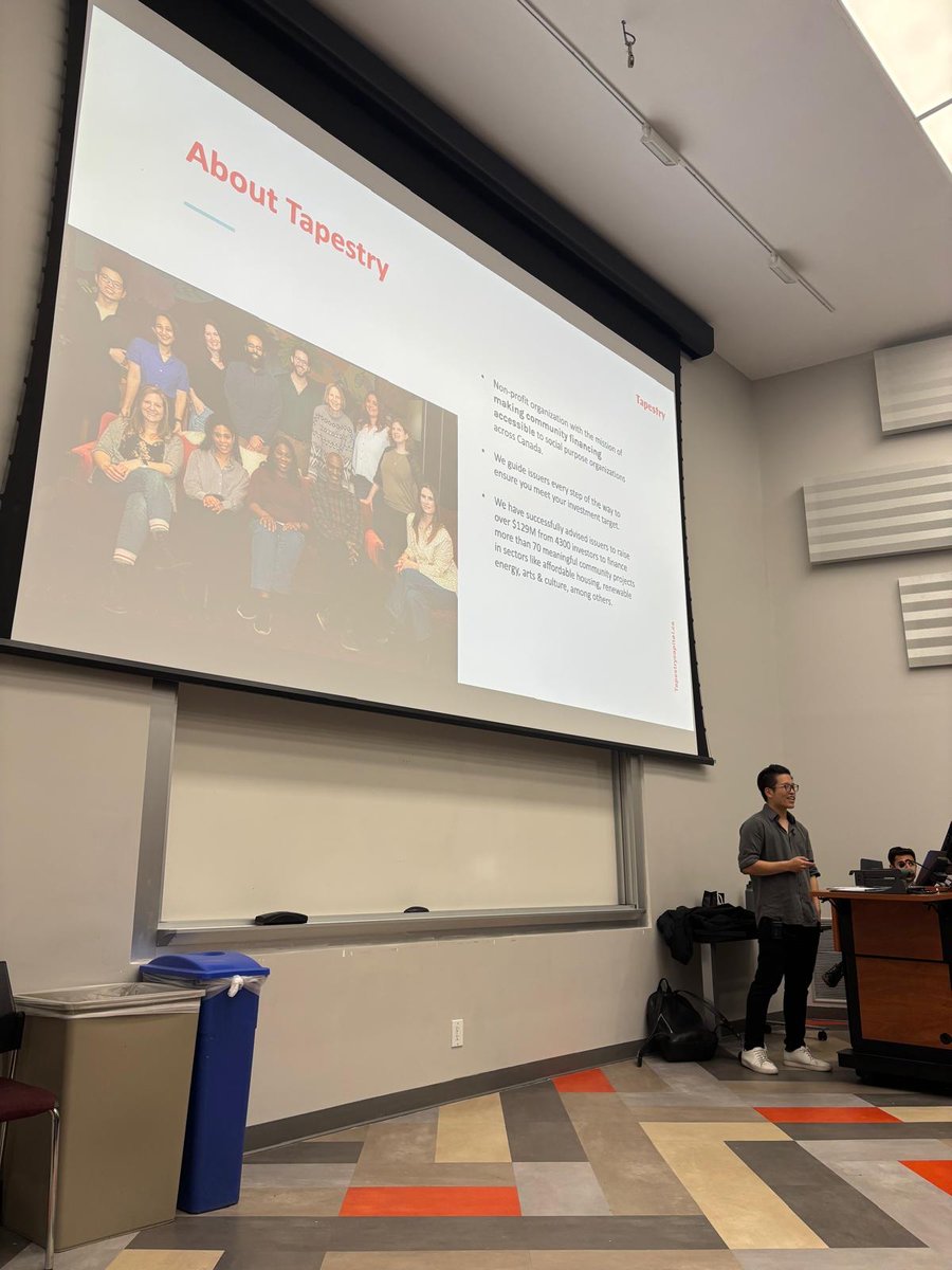 TapestryCapital's tweet photo. Last week, our Growth &amp; Impact Lead, Kyle Zhang visited McMaster students to talk social impact careers &amp; Tapestry's work. 

So inspiring to see curious minds reflecting on purpose and impact ❤️

#SocialFinance #ImpactInvesting #SocialInnovation #CommunityFinance #CommunityBonds https://t.co/1RMJQHT4jC