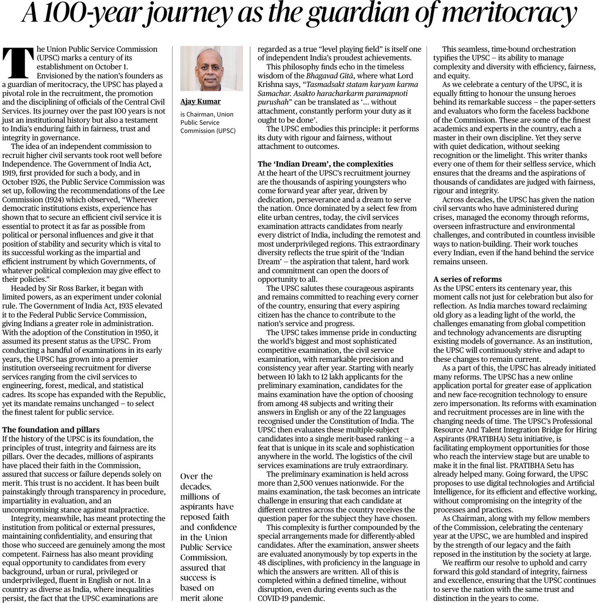 drajaykumar_ias's tweet image. As UPSC enters in its 100th year, I reflect on its role as a guardian of fairness, integrity, and meritocracy in my article “A 100-year journey as the guardian of meritocracy”, published in The Hindu today (Oct 1, 2025). Also at  thehindu.com/opinion/lead/a…