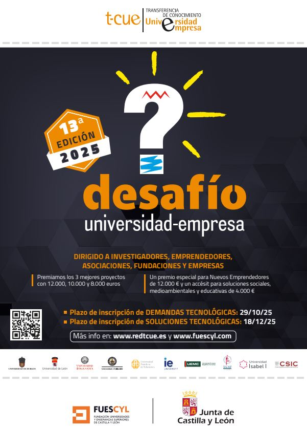 UBUinvestiga's tweet image. #Concurso_UBU | Desafío Universidad–Empresa 2025 #TCUE
Este concurso busca resolver retos reales de innovación.
• Presentación de demandas tecnológicas: hasta el 29/10/2025
• Presentación de soluciones tecnológicas: hasta el 18/12/2025
Más información ► ubu.es/te-interesa/de…