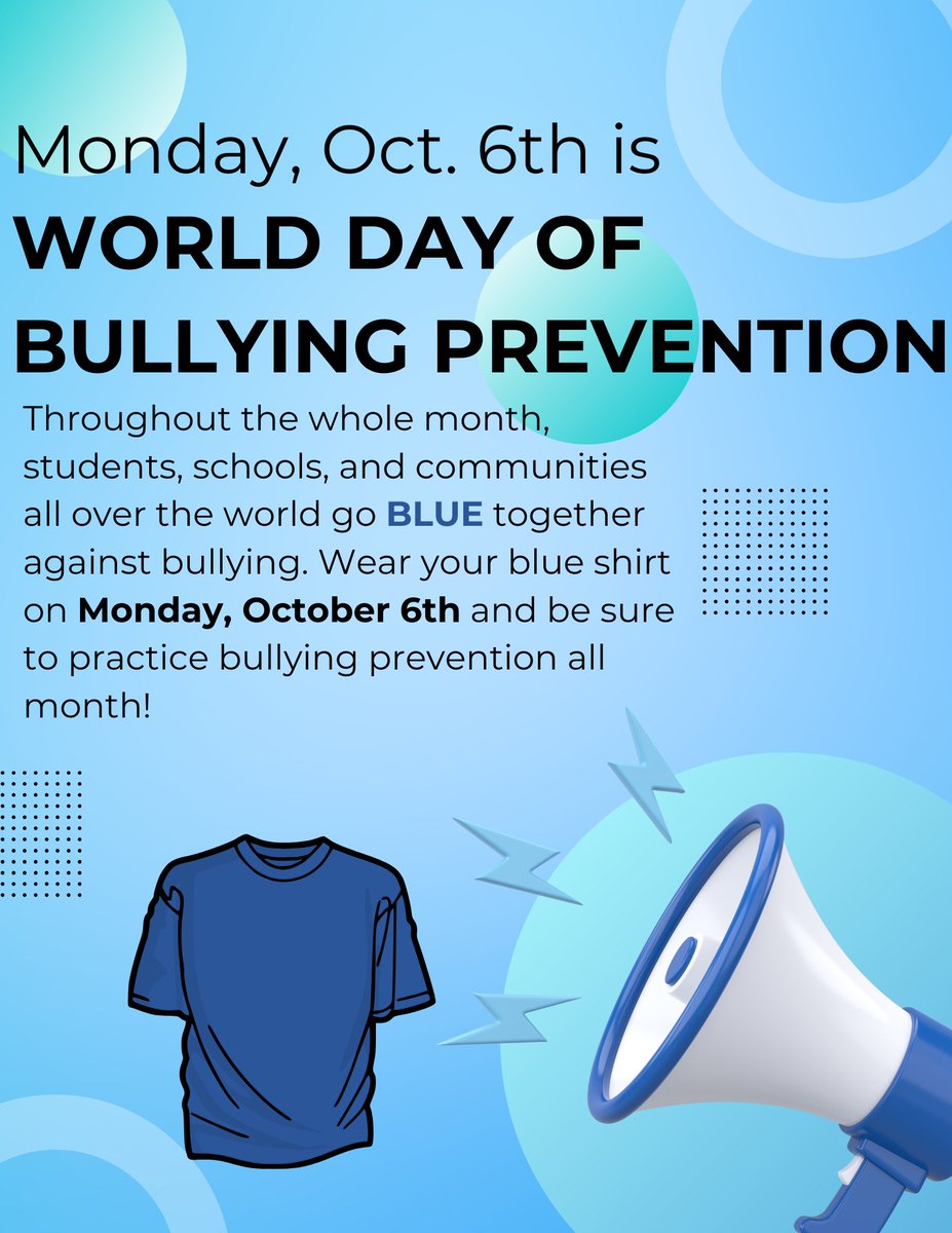 AFMSStudentServ's tweet image. October is National Bullying Prevention Month. Together, let’s use this month as an opportunity to empower our students and reinforce a culture of safety and respect in our school. Show your support by wearing blue on Monday! 💙 @AFMSChargers