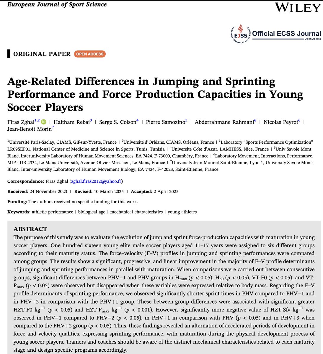 JB Morin (@jb_morin) on Twitter photo 🚨NEW PAPER🚨
Jump and Sprint performance and mechanical outputs in young ⚽️players: normative values across age categories and maturation status 📈🦵
Open access <a href="/EurJSportSci/">Euro J Sport Science</a> by Zghal et al.
👇
onlinelibrary.wiley.com/doi/10.1002/ej… 🚨NEW PAPER🚨
Jump and Sprint performance and mechanical outputs in young ⚽️players: normative values across age categories and maturation status 📈🦵
Open access <a href="/EurJSportSci/">Euro J Sport Science</a> by Zghal et al.
👇
onlinelibrary.wiley.com/doi/10.1002/ej…