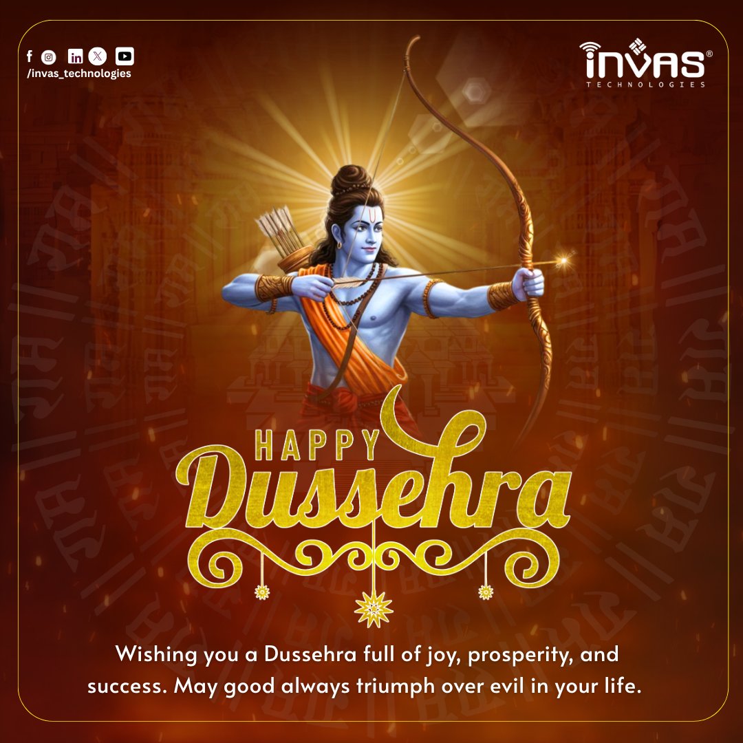 invastechnology's tweet image. Wishing you a Dussehra full of joy, prosperity, and success. May good always triumph over evil in your life.

#Dussehra2025 #dussheraspecial #dusheravibes❤️ #dussehra #lordrama #ayodhya #shreeram #ravandahan #india #victory #festivalseason #festival #invastech #invastechnologies